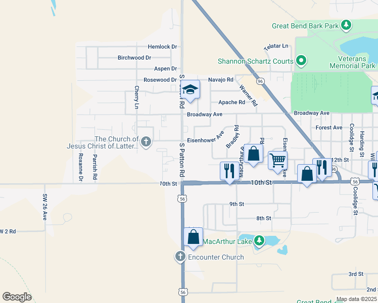 map of restaurants, bars, coffee shops, grocery stores, and more near 1206 South Patton Road in Great Bend