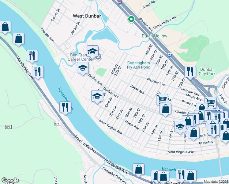 map of restaurants, bars, coffee shops, grocery stores, and more near 401 23rd Street in Dunbar