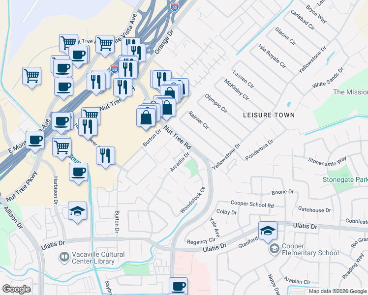 map of restaurants, bars, coffee shops, grocery stores, and more near 450 Nut Tree Road in Vacaville