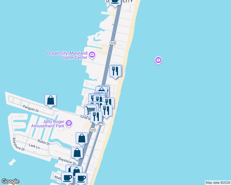 map of restaurants, bars, coffee shops, grocery stores, and more near 3611 Atlantic Avenue in Ocean City