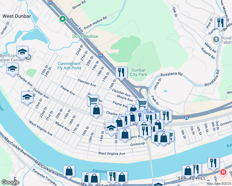 map of restaurants, bars, coffee shops, grocery stores, and more near 1306 Fletcher Avenue in Dunbar