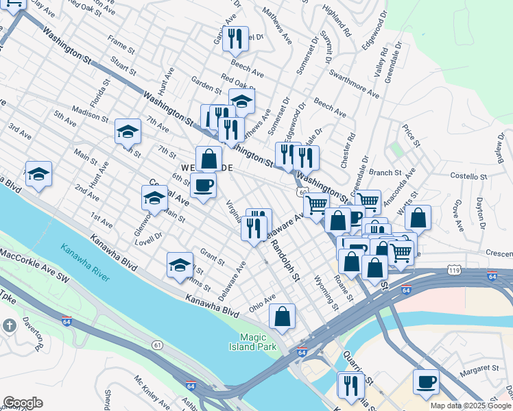map of restaurants, bars, coffee shops, grocery stores, and more near 523 Wyoming Street in Charleston