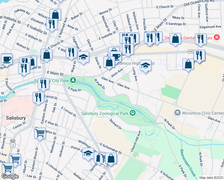 map of restaurants, bars, coffee shops, grocery stores, and more near 212 Beaver Dam Drive in Salisbury