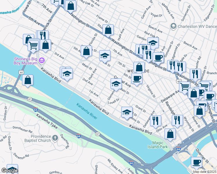 map of restaurants, bars, coffee shops, grocery stores, and more near 907 Russell Street in Charleston