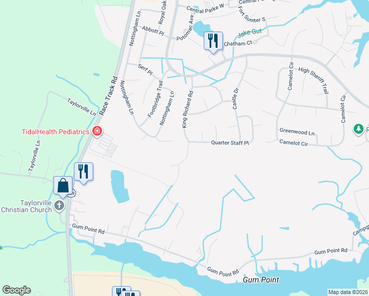 map of restaurants, bars, coffee shops, grocery stores, and more near 56 King Richard Road in Ocean Pines