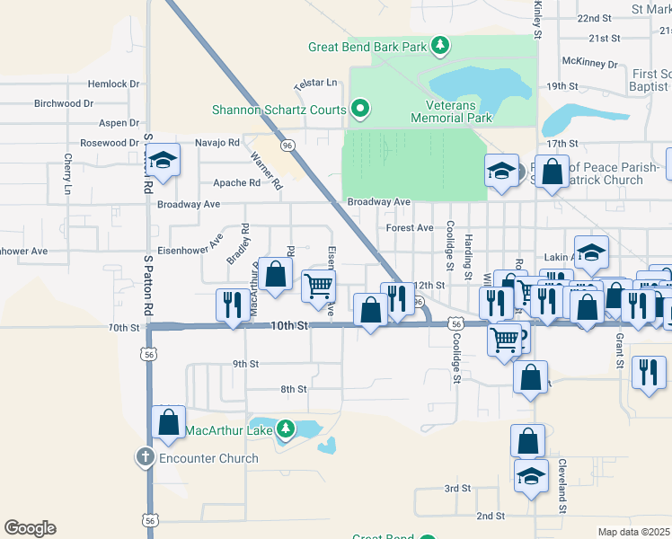 map of restaurants, bars, coffee shops, grocery stores, and more near 4912 Lakin Avenue in Great Bend
