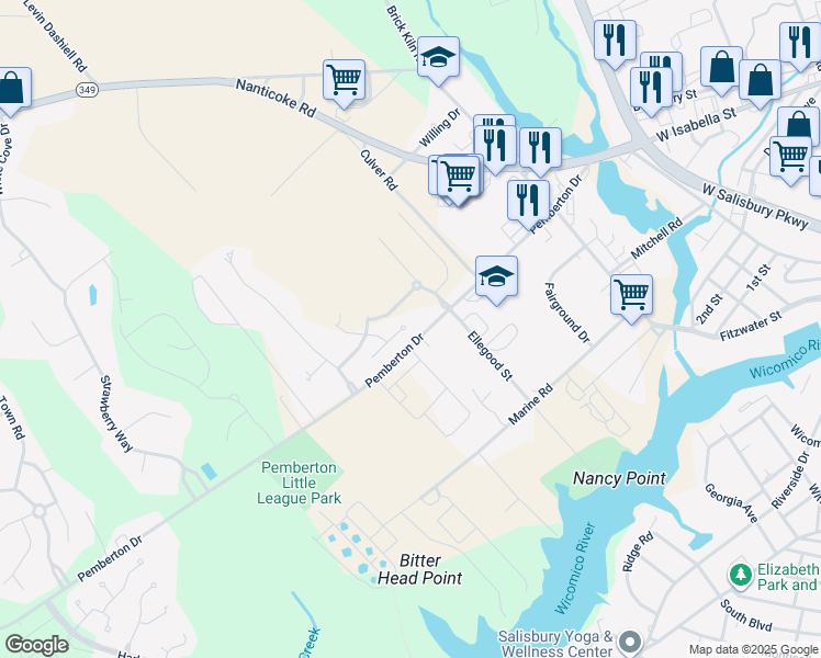 map of restaurants, bars, coffee shops, grocery stores, and more near 1406 Hidden Meadow Lane in Salisbury