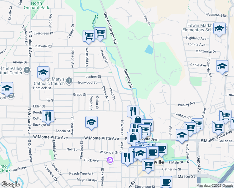 map of restaurants, bars, coffee shops, grocery stores, and more near 278 Plum Street in Vacaville