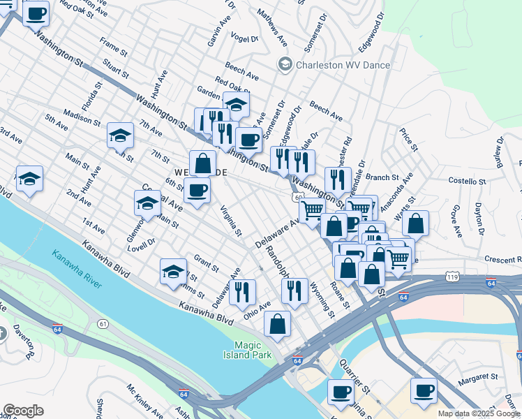 map of restaurants, bars, coffee shops, grocery stores, and more near 523 Wyoming Street in Charleston