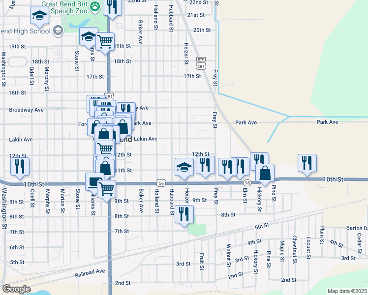 map of restaurants, bars, coffee shops, grocery stores, and more near 1211 Heizer Street in Great Bend