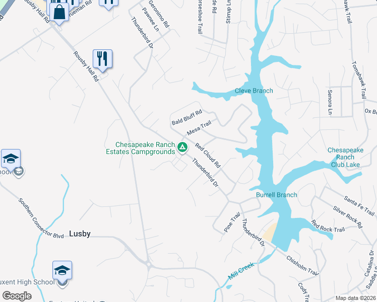 map of restaurants, bars, coffee shops, grocery stores, and more near 300 Thunderbird Drive in Lusby