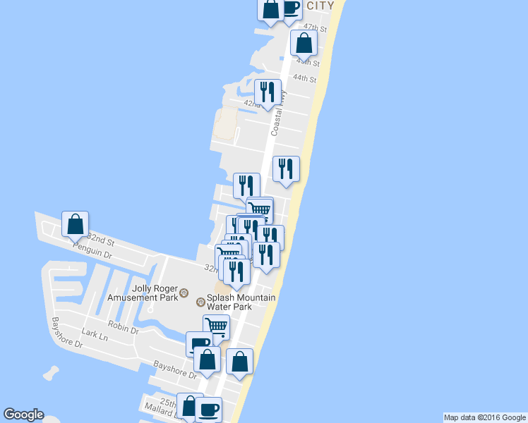 map of restaurants, bars, coffee shops, grocery stores, and more near 27 36th Street in Ocean City