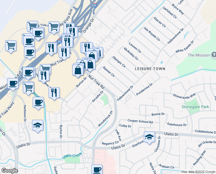 map of restaurants, bars, coffee shops, grocery stores, and more near 458 Nut Tree Road in Vacaville