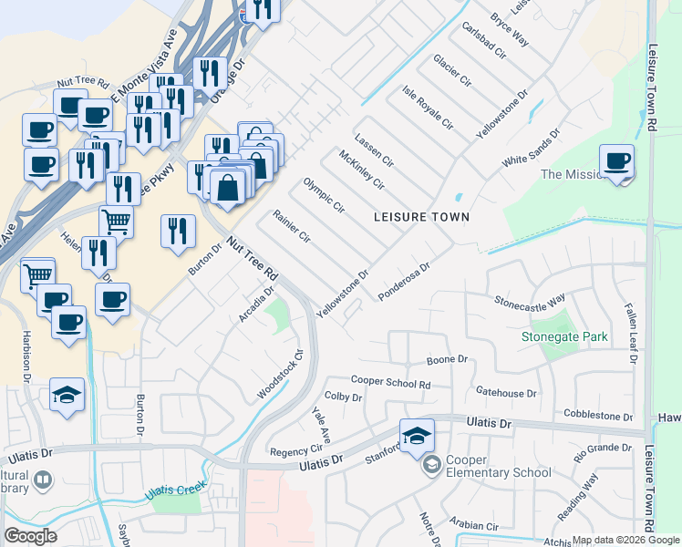 map of restaurants, bars, coffee shops, grocery stores, and more near 205 Rainier Circle in Vacaville