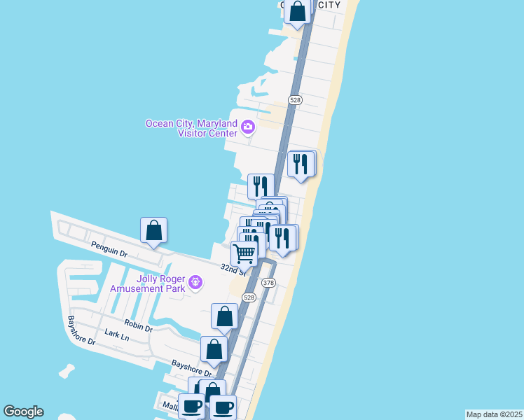 map of restaurants, bars, coffee shops, grocery stores, and more near 3505 Coastal Highway in Ocean City