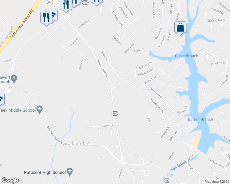 map of restaurants, bars, coffee shops, grocery stores, and more near 12150 Rousby Hall Road in Lusby