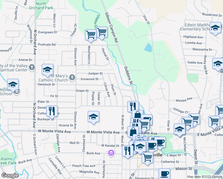 map of restaurants, bars, coffee shops, grocery stores, and more near 278 Plum Street in Vacaville