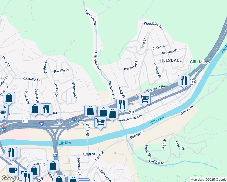 map of restaurants, bars, coffee shops, grocery stores, and more near 56 Garrison Avenue in Charleston