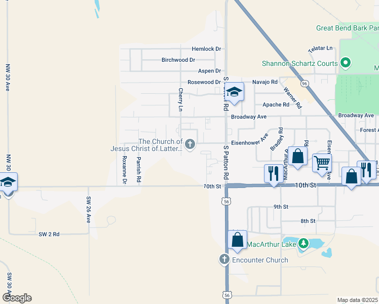 map of restaurants, bars, coffee shops, grocery stores, and more near 5851 Eisenhower Avenue in Great Bend