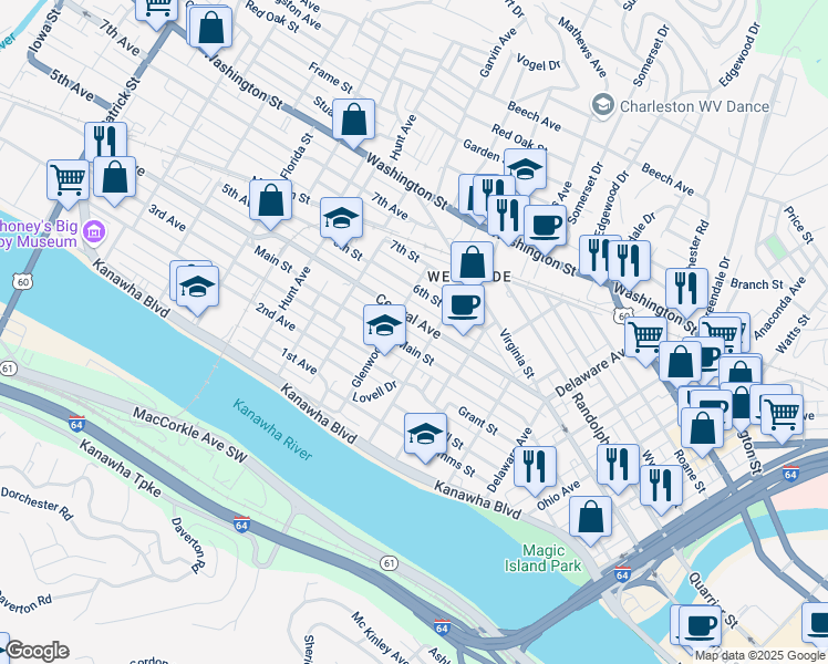map of restaurants, bars, coffee shops, grocery stores, and more near 819 Central Ave in Charleston