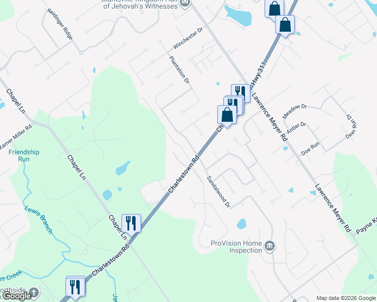 map of restaurants, bars, coffee shops, grocery stores, and more near 3003 Plantation Drive in Sellersburg