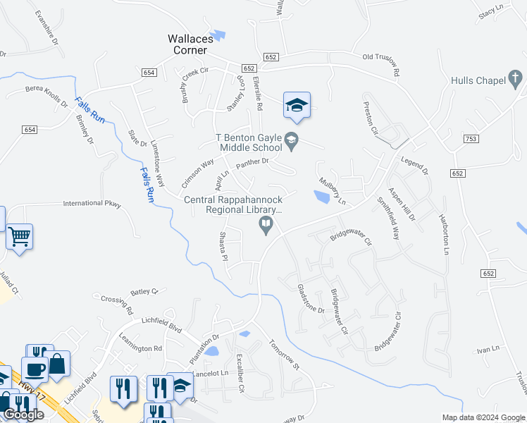map of restaurants, bars, coffee shops, grocery stores, and more near 55 Cynthias Place in Fredericksburg