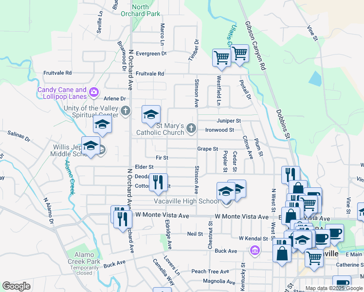 map of restaurants, bars, coffee shops, grocery stores, and more near 348 Grape Street in Vacaville