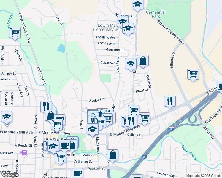 map of restaurants, bars, coffee shops, grocery stores, and more near 545 Markham Avenue in Vacaville