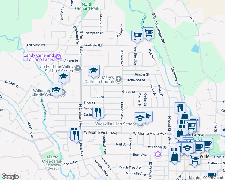 map of restaurants, bars, coffee shops, grocery stores, and more near 316 Grape Street in Vacaville