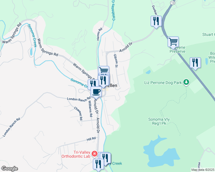 map of restaurants, bars, coffee shops, grocery stores, and more near in Glen Ellen