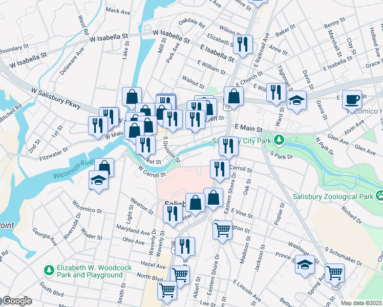 map of restaurants, bars, coffee shops, grocery stores, and more near 105 Times Square in Salisbury