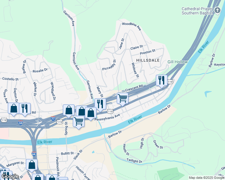 map of restaurants, bars, coffee shops, grocery stores, and more near 1581 Whitney St in Charleston
