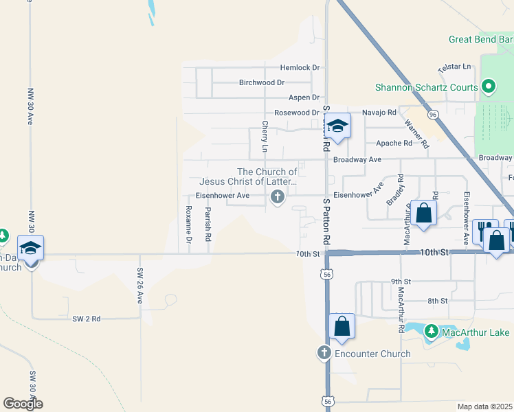 map of restaurants, bars, coffee shops, grocery stores, and more near 5900 B Eisenhower Court in Great Bend