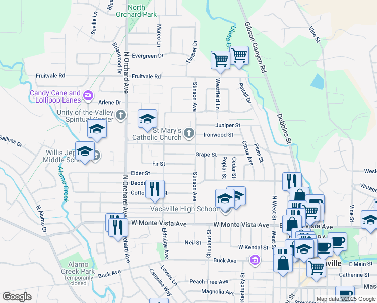 map of restaurants, bars, coffee shops, grocery stores, and more near 316 Grape Street in Vacaville