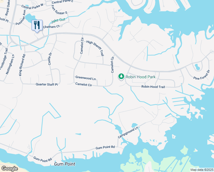 map of restaurants, bars, coffee shops, grocery stores, and more near 123 Camelot Circle in Ocean Pines