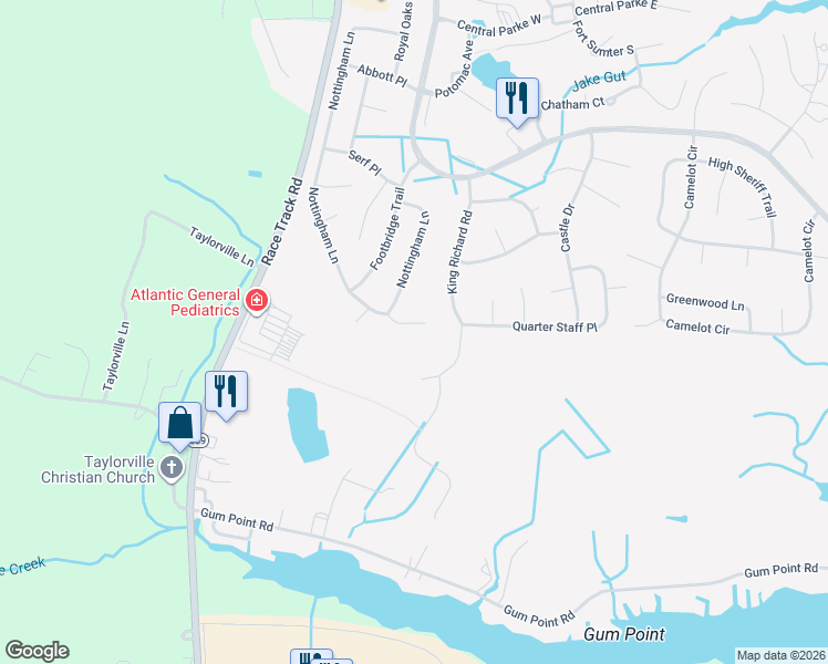 map of restaurants, bars, coffee shops, grocery stores, and more near 12 Poplar Trail in Ocean Pines