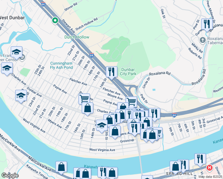 map of restaurants, bars, coffee shops, grocery stores, and more near 1306 Fletcher Avenue in Dunbar