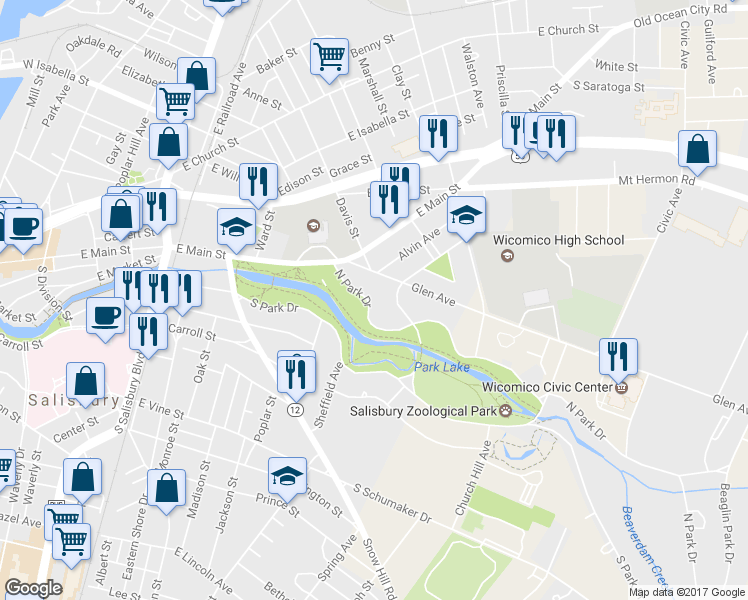 map of restaurants, bars, coffee shops, grocery stores, and more near 123 North Park Drive in Salisbury