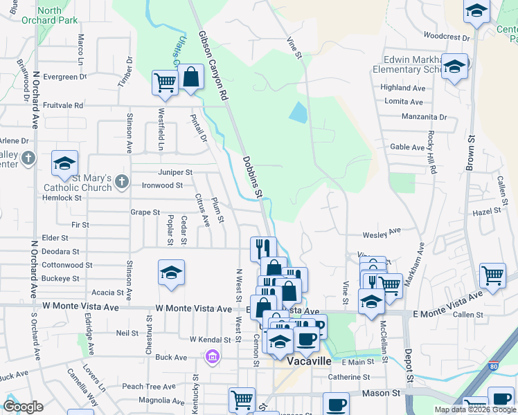 map of restaurants, bars, coffee shops, grocery stores, and more near 180 East Hemlock Street in Vacaville