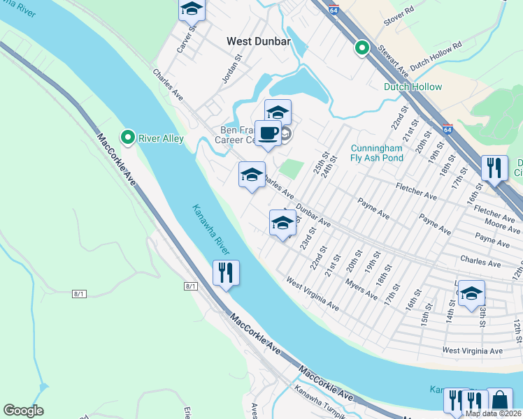 map of restaurants, bars, coffee shops, grocery stores, and more near 208 27th St in Dunbar