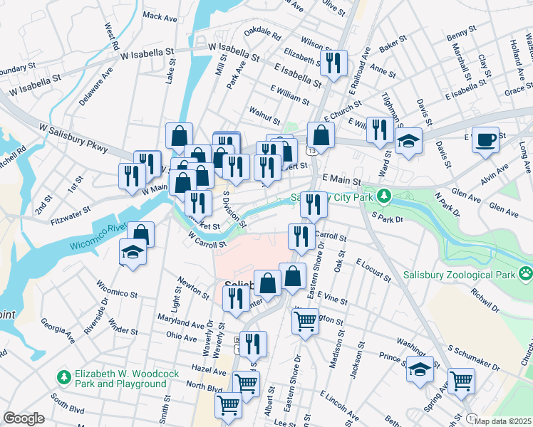 map of restaurants, bars, coffee shops, grocery stores, and more near 105 Times Square in Salisbury