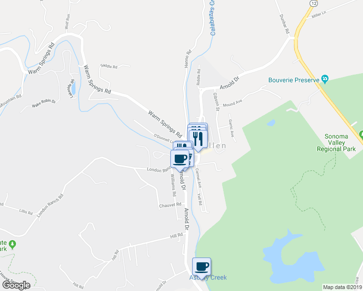 map of restaurants, bars, coffee shops, grocery stores, and more near 5319 O'Donnell Lane in Glen Ellen
