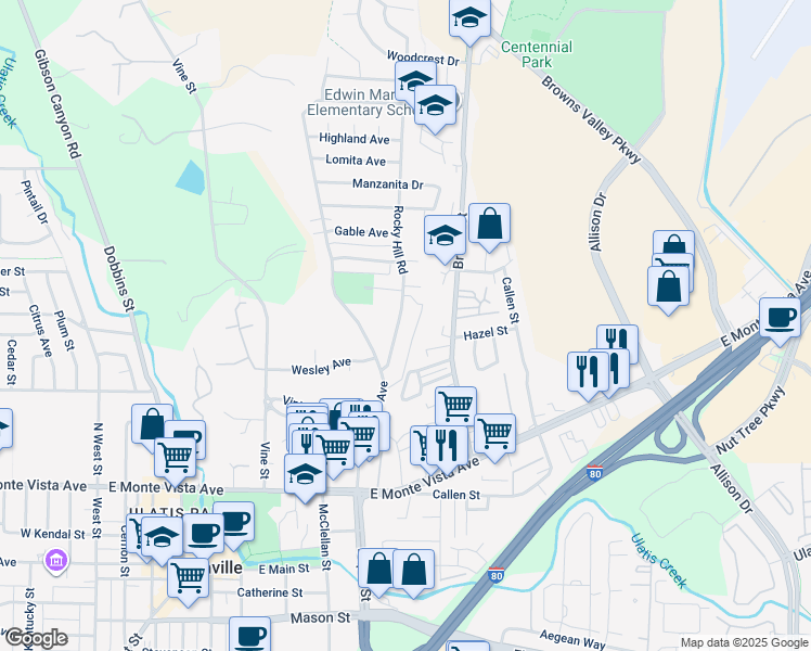 map of restaurants, bars, coffee shops, grocery stores, and more near 591 Rocky Hill Road in Vacaville