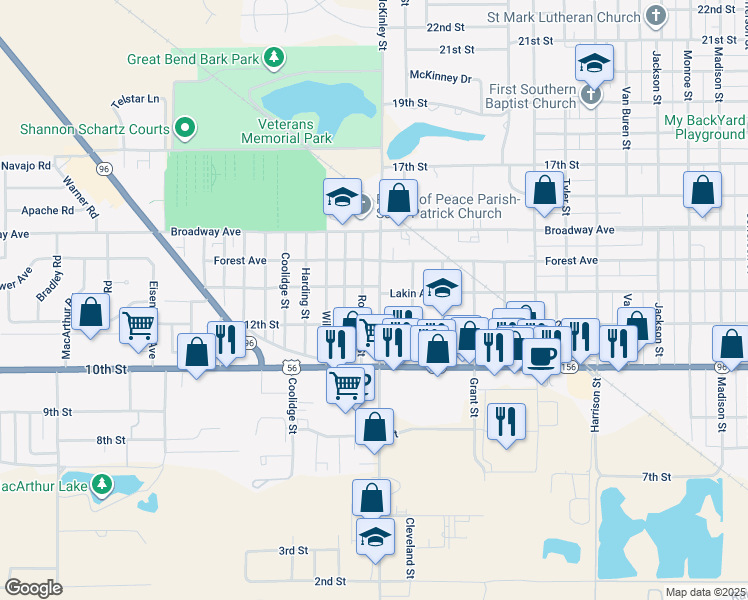 map of restaurants, bars, coffee shops, grocery stores, and more near 1217 McKinley Street in Great Bend