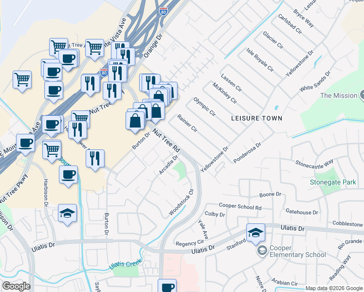 map of restaurants, bars, coffee shops, grocery stores, and more near 450 Nut Tree Road in Vacaville