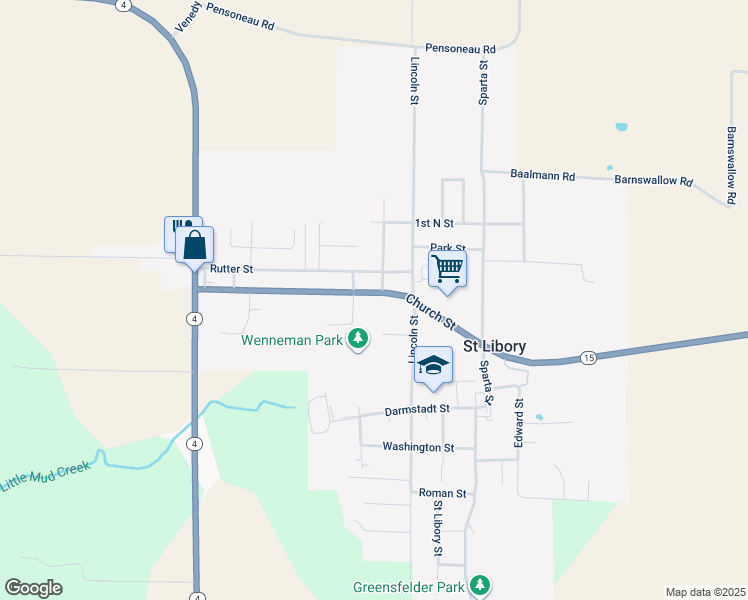 map of restaurants, bars, coffee shops, grocery stores, and more near 7334 Church Street in Saint Libory