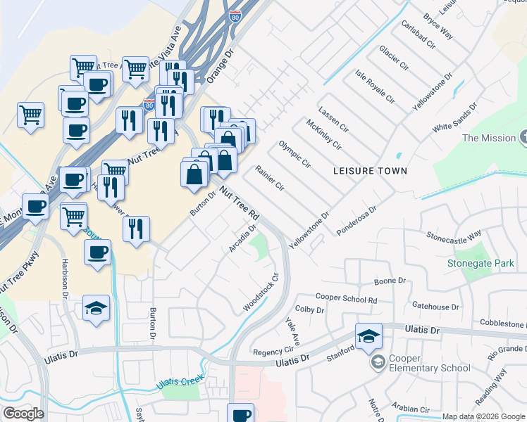map of restaurants, bars, coffee shops, grocery stores, and more near 450 Nut Tree Road in Vacaville