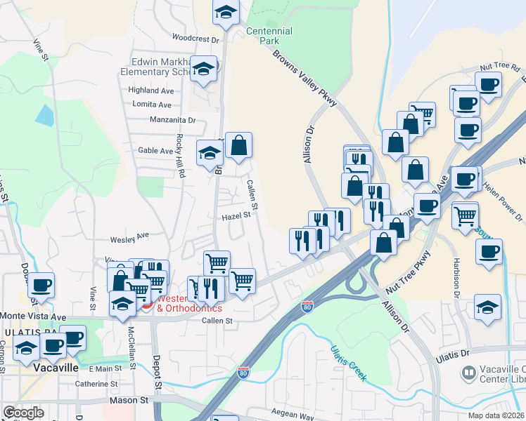 map of restaurants, bars, coffee shops, grocery stores, and more near 1390 Callen Street in Vacaville