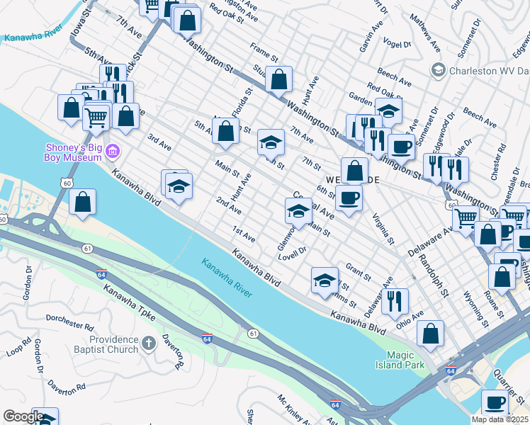 map of restaurants, bars, coffee shops, grocery stores, and more near 203 Russell Street in Charleston