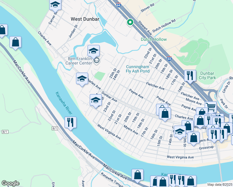 map of restaurants, bars, coffee shops, grocery stores, and more near 401-405 23rd Street in Dunbar